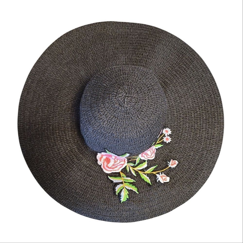 Y2K‎ Black with Pink Floral Embroidered Applique Oversized Straw Floppy Hat NWOT - Picture 9 of 11